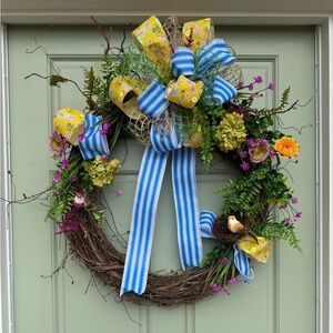 Festive Spring Wreath with Blue and Yellow Accents